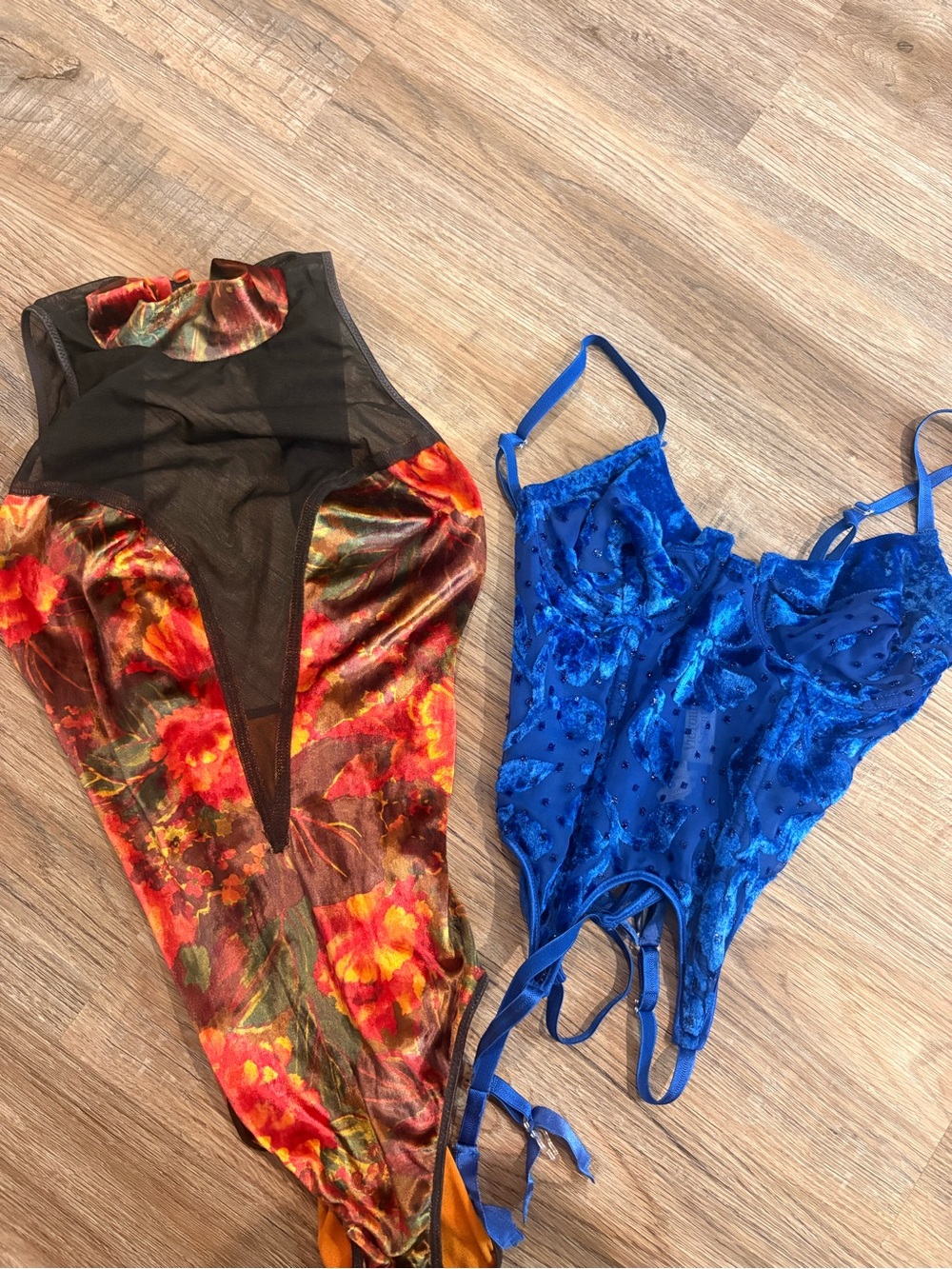 Floral Velvet High-Neck Bodysuit & Royal Blue Lace Teddy Set